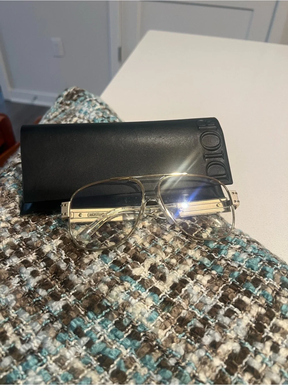 Dior Black Leather Glasses Case with Embossed Logo